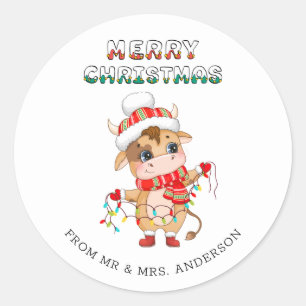 Cute Christmas Cow wearing winter costume  Classic Round Sticker