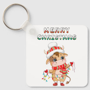 Cute Christmas Cow wearing winter costume Keychain