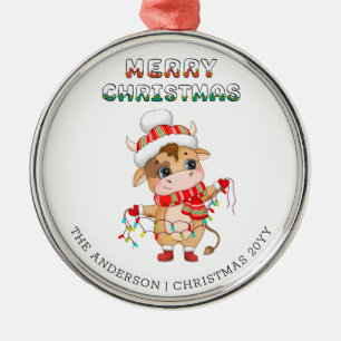 Cute Christmas Cow wearing winter costume  Metal Ornament