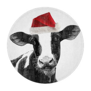 Cute Christmas Cow with Santa Hat Cutting Board