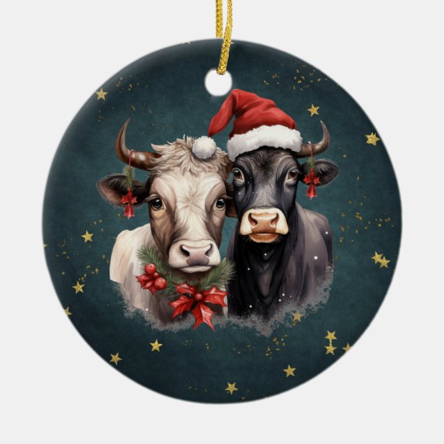 Cute Christmas Cows Ceramic Ornament (Front)