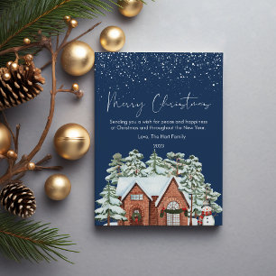 Cute Christmas Cozy House and Snow Flat Holiday Card