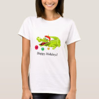 Cute Christmas Crocodile. Green Golden & Red Balls