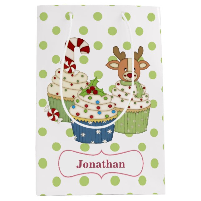 Cute Christmas Cupcake Polkadot Personalized Medium Gift Bag (Front)
