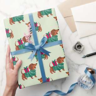 Cute Christmas Dachshund in Green Sweater green Wrapping Paper