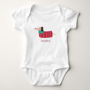 Cute Christmas Daschund Dog Personalized Name Baby Bodysuit