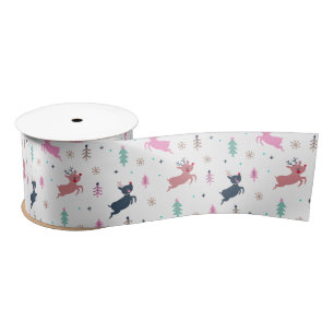 Cute Christmas Deer And Trees Illustration White Satin Ribbon