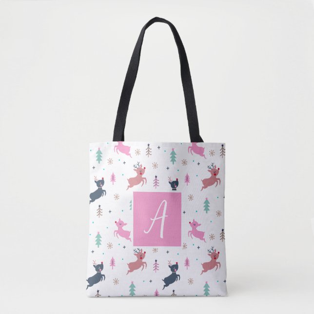 Cute Christmas Deer And Trees  Monogram White Tote Bag (Front)