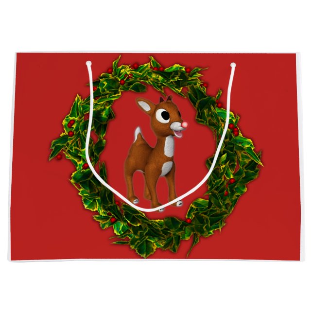 Cute Christmas Deer and Wreath Large Gift Bag (Front)