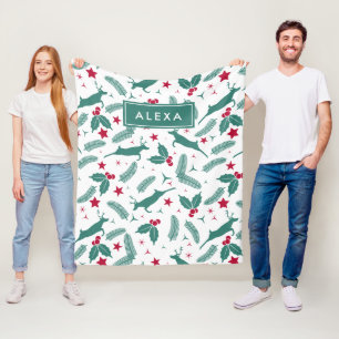 Cute Christmas deer & Christmas holly pattern Fleece Blanket