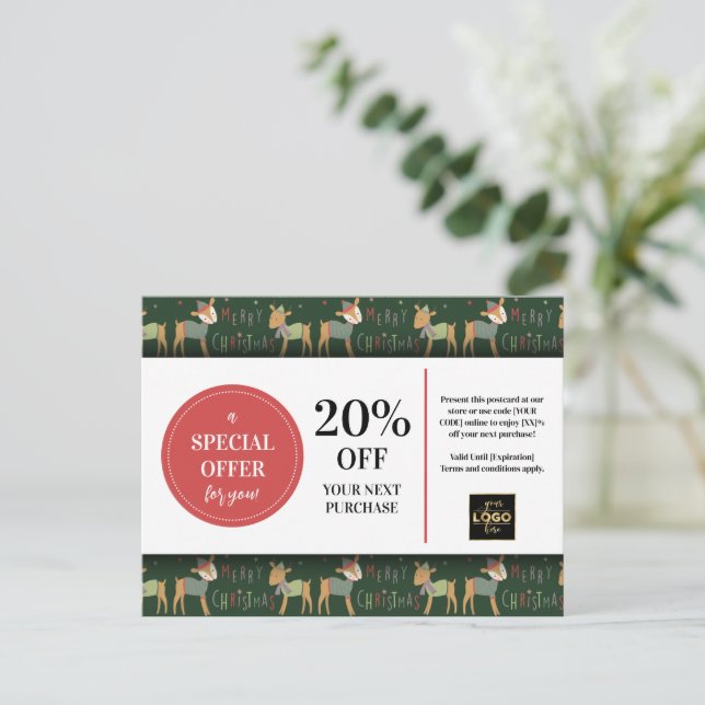 Cute Christmas Deer Custom Coupon Discount  Postcard (Standing Front)