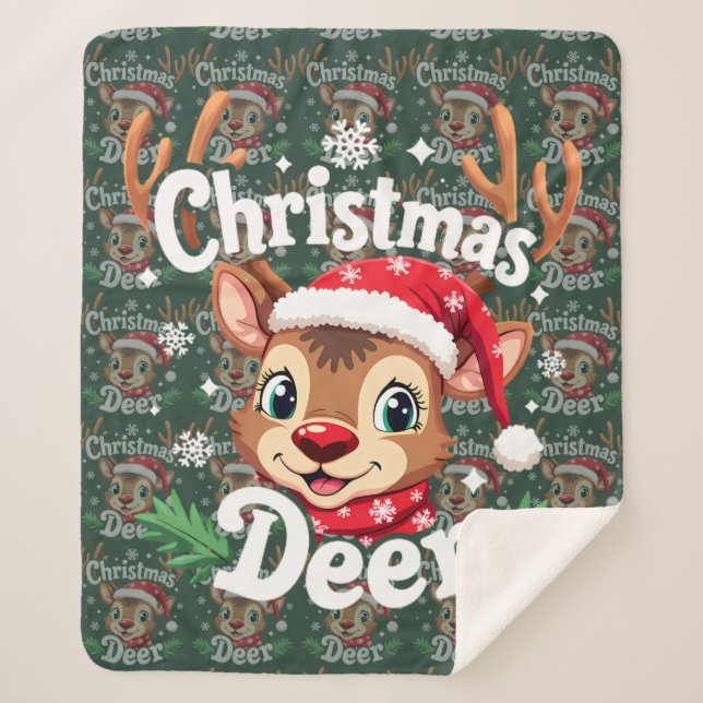 Cute Christmas Deer Illustration Sherpa Blanket (Front)