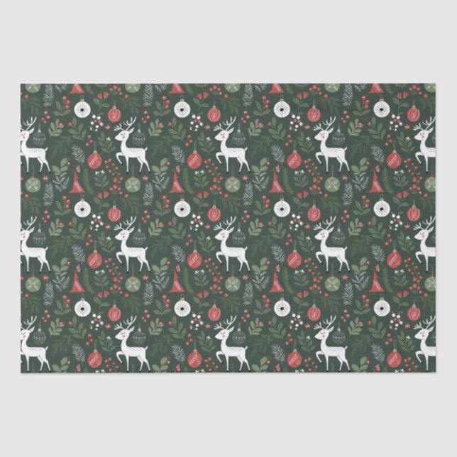 Cute Christmas Deer In Forest Tree Red Green  Tissue Paper (Front)