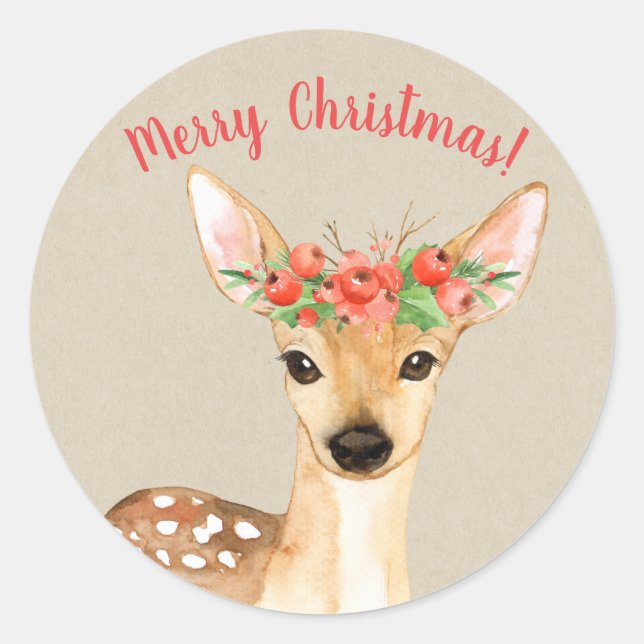 Cute Christmas Deer Rustic Country Holiday Custom Classic Round Sticker (Front)