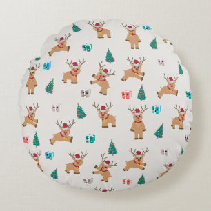 Cute Christmas Deer Xmas Gifts & Tree Pattern Round Pillow