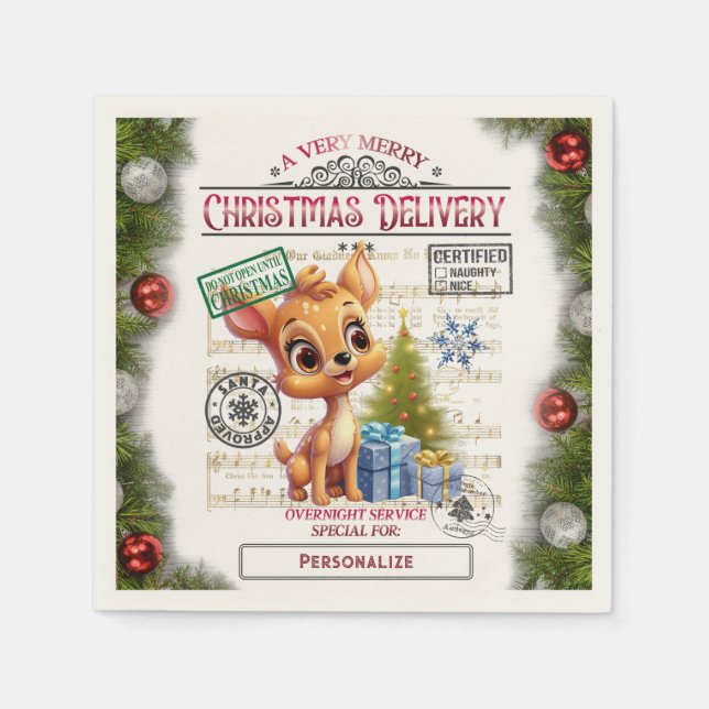 Cute Christmas Delivery Baby Reindeer Personalize Napkin (Front)