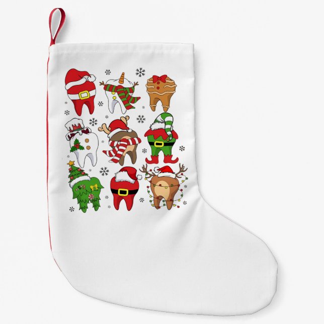 Cute Christmas Dental Tooth Characters Fun Holiday Small Christmas Stocking (Front)