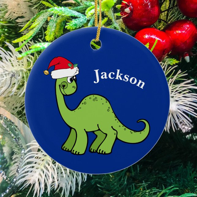 Cute Christmas Dinosaur Custom Kids Blue Ceramic Ornament (Creator Uploaded)