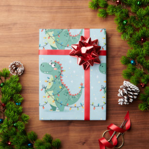 Cute Christmas Dinosaur Lights Kids Wrapping Paper