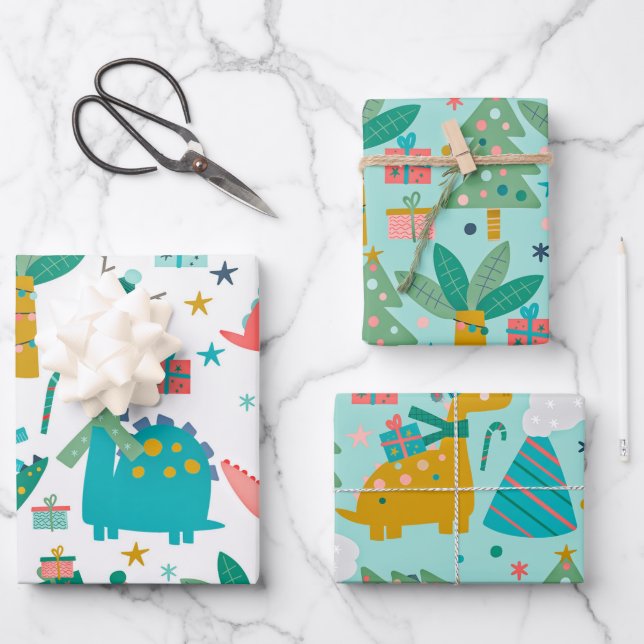 Cute Christmas Dinosaurs Pattern Wrapping Paper Sheet (Front)