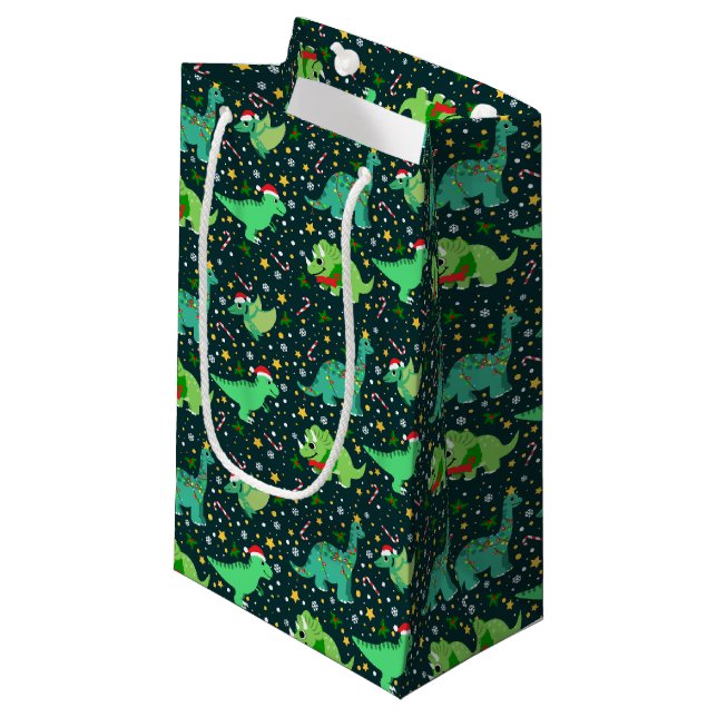 Cute Christmas Dinosaurs Small Gift Bag (Front Angled)