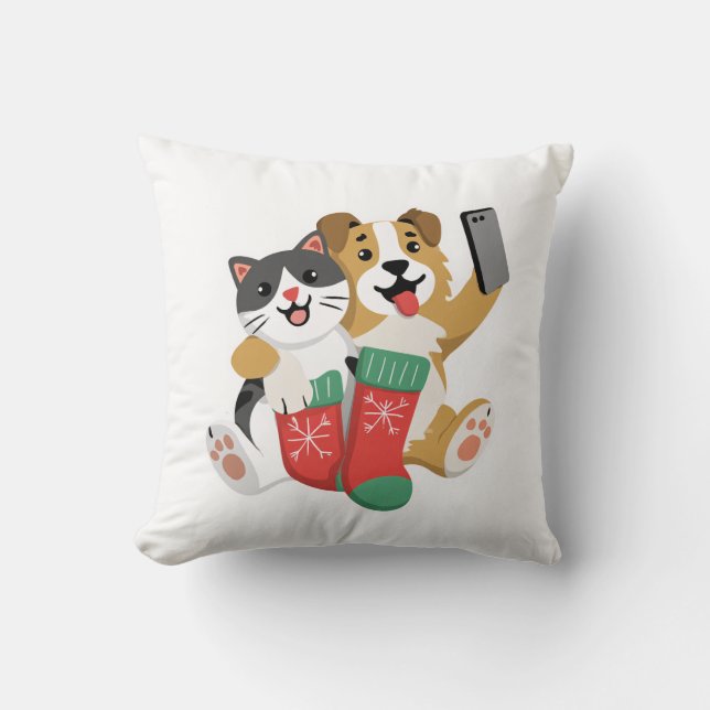 Cute Christmas Dog and Cat Selfie – Funny Holiday Throw Pillow (Front)