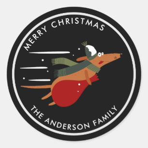 Cute Christmas Dog Customizable Black Classic Round Sticker