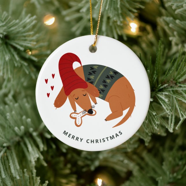 Cute Christmas Dog Customizable Ceramic Ornament (Tree)