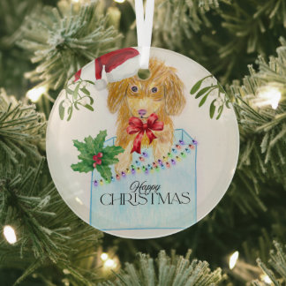 Cute Christmas Dog  Glass Ornament