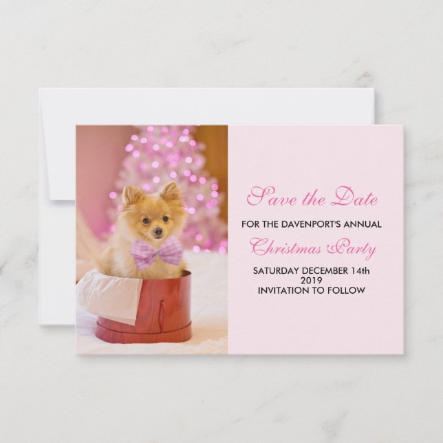 Cute Christmas Dog Photo with Pink Bow & Tree Save The Date (Front)