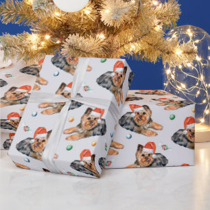 Cute Christmas Dog with Santa Hat Red Green White Wrapping Paper