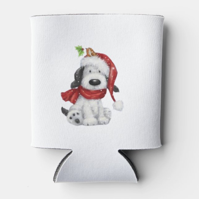 Cute Christmas Dog with Santa Hat & Scarf Can Cooler (Front)
