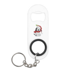 Cute Christmas Dog with Santa Hat & Scarf Keychain Bottle Opener