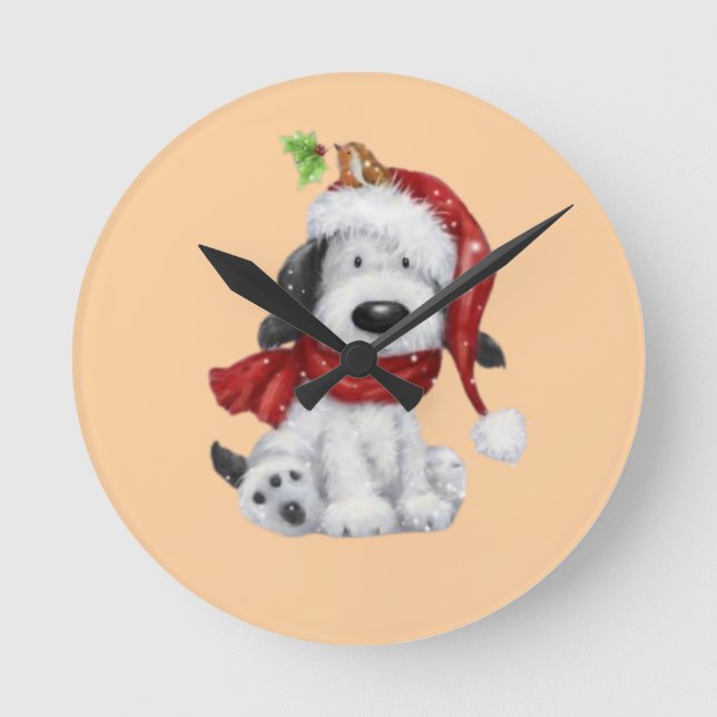 Cute Christmas Dog with Santa Hat & Scarf Round Clock (Front)