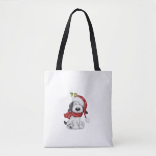 Cute Christmas Dog with Santa Hat & Scarf Tote Bag