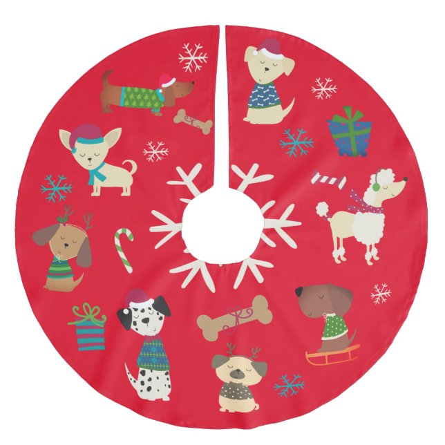 Cute Christmas Dogs Snowflakes Pattern Red Brushed Polyester Tree Skirt (Front)