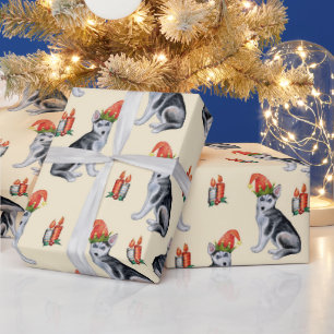 Cute Christmas Dogs with Santa Hats Holly Candles Wrapping Paper