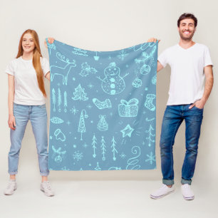 Cute Christmas Doodle Drawing Illustration Fleece Blanket