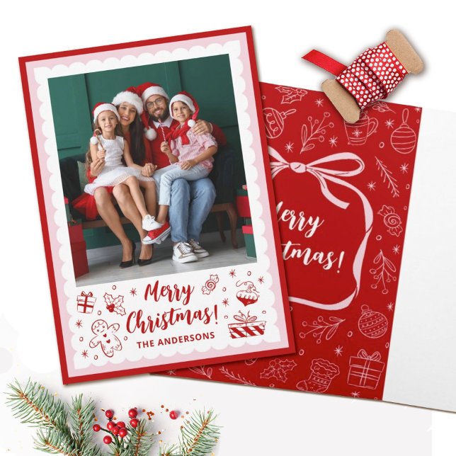 Cute Christmas Doodles Holiday Photo Card (Personalize this cute whimsical hand drawn photo Christmas Card with your photo and name.)
