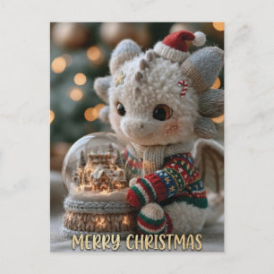 Cute Christmas Dragon Plush Toy with Snow Globe Holiday Postcard