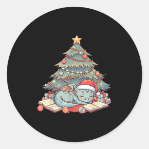 Cute Christmas Dragon Sleeng Under Tree Books Love Classic Round Sticker