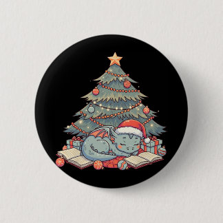Cute Christmas Dragon Sleeping Under Tree Books Lo 2 Inch Round Button