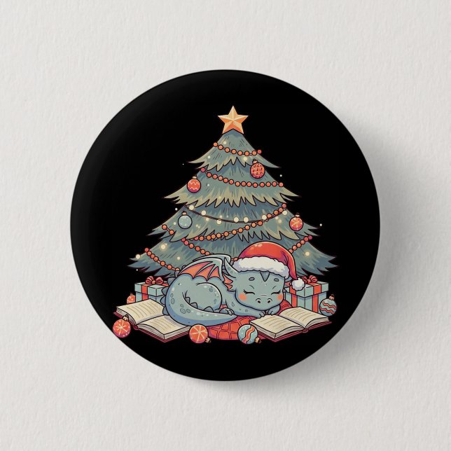 Cute Christmas Dragon Sleeping Under Tree Books Lo 2 Inch Round Button (Front)