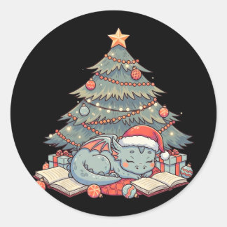 Cute Christmas Dragon Sleeping Under Tree Books Lo Classic Round Sticker