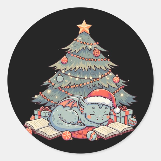 Cute Christmas Dragon Sleeping Under Tree Books Lo Classic Round Sticker (Front)