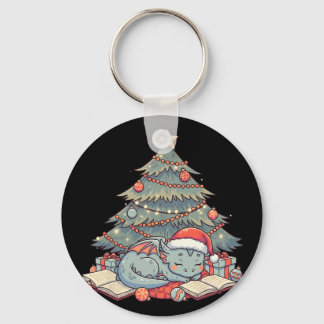 Cute Christmas Dragon Sleeping Under Tree Books Lo Keychain