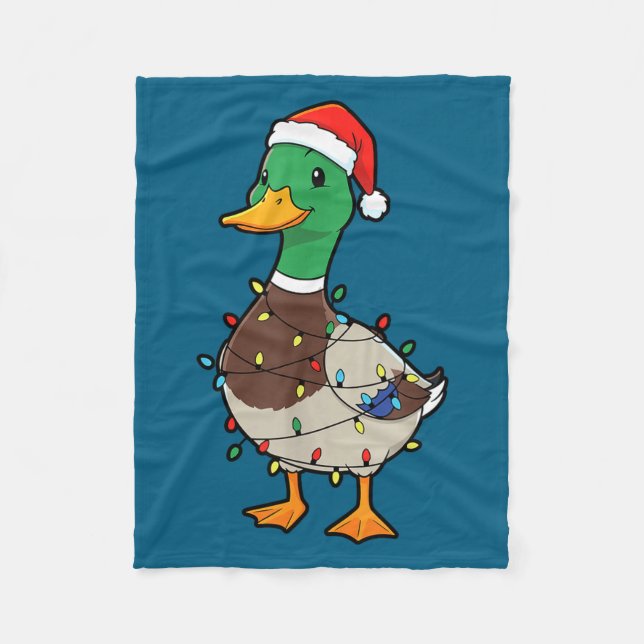 Cute Christmas Duck Mallard With Xmas Lights  Fleece Blanket (Front)