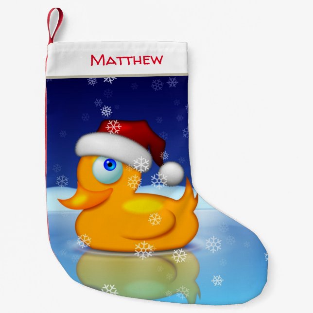 Cute Christmas Duck With Santa Hat In Winter Night Small Christmas Stocking (Front)