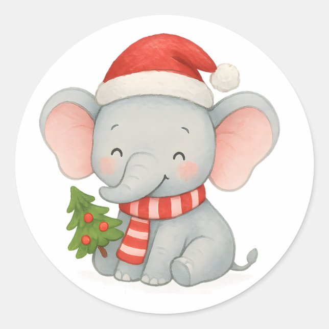 Cute Christmas Elephant with Santa Hat Classic Round Sticker (Front)