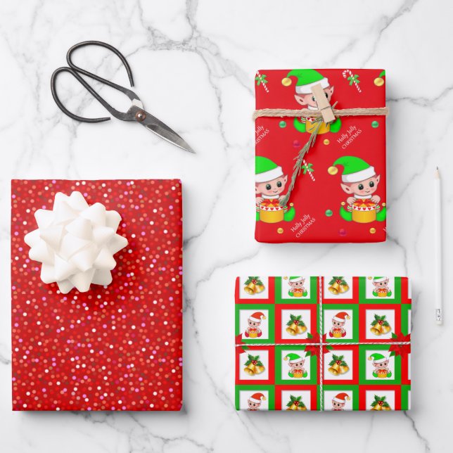 Cute Christmas Elf and Bells on Green & Red Wrapping Paper Sheet (Front)